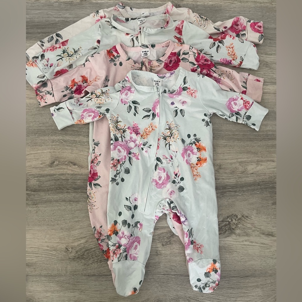 Set of 4 Baby Girls' zipper Footed Sleepers with hand protectors